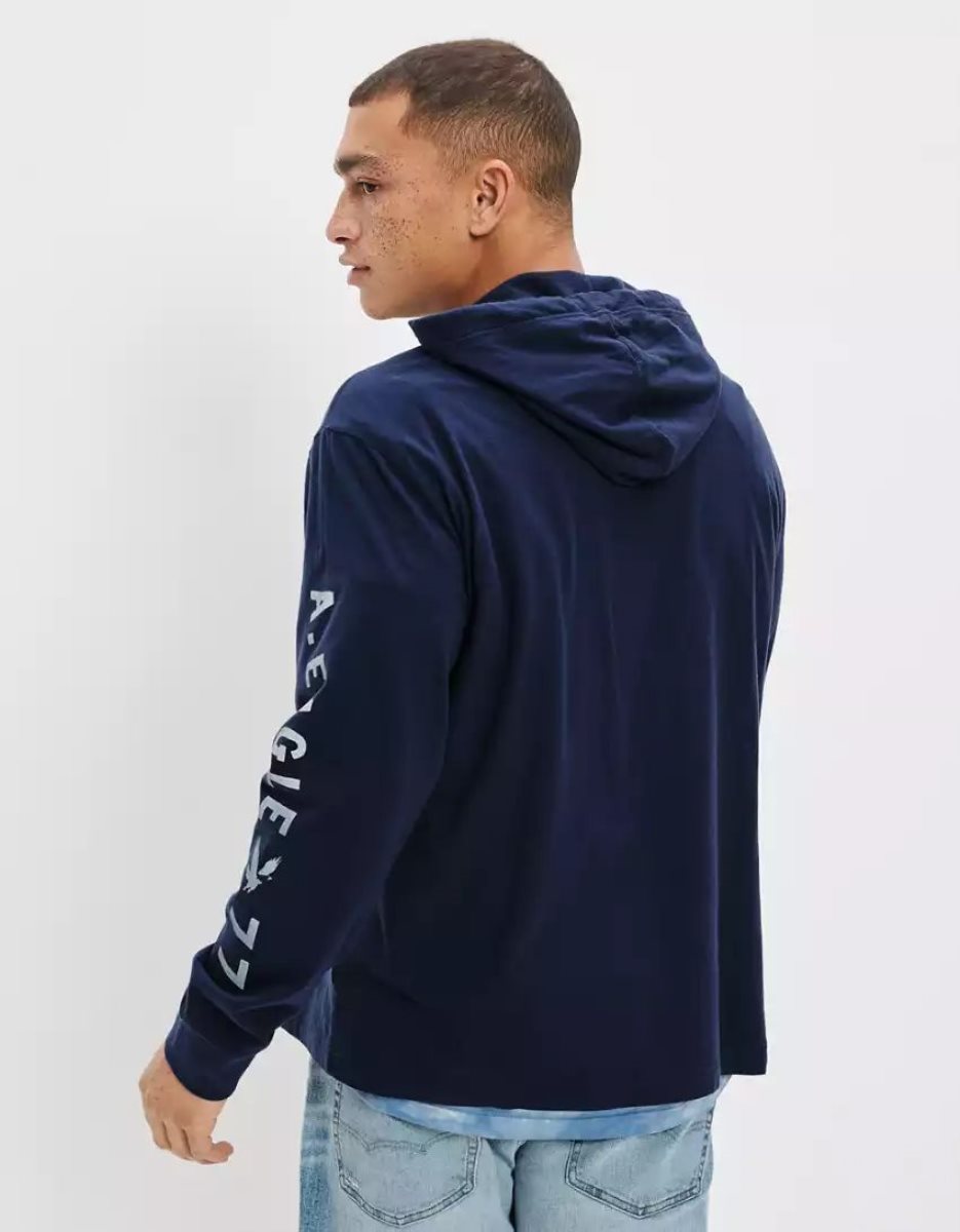 Sweat à Capuche American Eagle AE Super Soft Logo Graphique Bleu Marine Homme | JPF-19764614